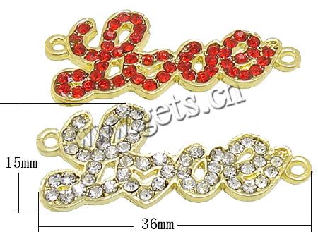 Rhinestone Zinc Alloy Connector, Letter, word love, plated, Customized & with rhinestone & 1/1 loop, more colors for choice, 36x15x2mm, Hole:Approx 2mm, Sold By PC