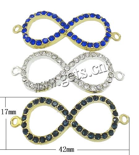 Rhinestone Zinc Alloy Connector, Infinity, plated, Customized & with rhinestone & 1/1 loop, more colors for choice, 42x17x3mm, Hole:Approx 2mm, Sold By PC