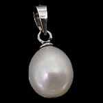 Cultured Pearl Sterling Silver Pendants, 925 Sterling Silver, with Freshwater Pearl, Oval, platinum plated, with cubic zirconia Approx 