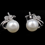 Freshwater Pearl Stud Earring, with 925 Sterling Silver, Flower, plated, with cubic zirconia 
