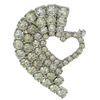 Broche de diamantes de imitación latón, metal, Corazón, chapado en color de platina, con diamantes de imitación, 43.5x30x4.5mm, Vendido por UD