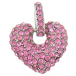 Zinc Alloy Heart Pendants, platinum color plated, with rhinestone, pink Approx 