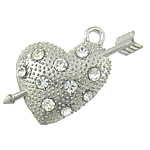 Zinc Alloy Heart Pendants, platinum color plated, with rhinestone Approx 2.5mm 