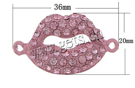 Rhinestone Zinc Alloy Connector, Lip, plated, Customized & with rhinestone & 1/1 loop, more colors for choice, 36x20x5mm, Hole:Approx 2mm, Sold By PC