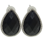 Resin Zinc Alloy Earring, stainless steel post pin, Teardrop, with resin rhinestone & faceted, black, cadmium free 
