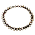 Природное пресноводное жемчужное ожерелье, Пресноводные жемчуги, латунь оробка для застёжки, В форме кнопки, натуральный, 3-нить, 6-10mm, длина:15.5 дюймовый, продается Strand