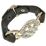 Cowhide Bracelets, Zinc Alloy, with Cowhide & Crystal, Flower, gold color plated, with rhinestone, nickel, lead & cadmium free .5 Inch 