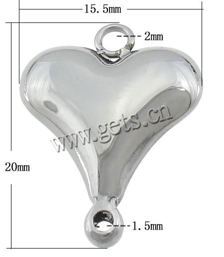 Stainless Steel Charm Connector, Heart, Customized & 1/1 loop, original color, 15.5x20x4.5mm, Hole:Approx 1.5mm, 2mm, Sold By PC
