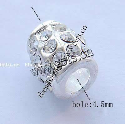 Rhinestone Zinc Alloy European Beads, Drum, plated, without troll & with rhinestone, more colors for choice, nickel, lead & cadmium free, 9x10.5mm, Hole:Approx 4.5mm, Sold By PC