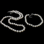 Латунные ювелирные пресноводные жемчужиные наборы, жемчуг, браслет & ожерелье, латунь Замок-карабин, 6mm, длина:17 дюймовый,  6.5 дюймовый, продается указан