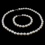 Conjunto de joya de perla de agua dulce de latón, pulsera & collar, latón cierre de langosta, 8mm, longitud:16.5 Inch,  7 Inch, Vendido por Set