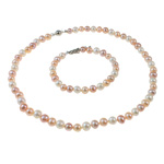 Латунные ювелирные пресноводные жемчужиные наборы, жемчуг, браслет & ожерелье, латунь замочек, Круглая, 7mm, длина:16.5 дюймовый,  7 дюймовый, продается указан