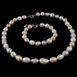 Латунные ювелирные пресноводные жемчужиные наборы, жемчуг, браслет & ожерелье, латунь замочек, 11-12mm, длина:16.5 дюймовый,  7 дюймовый, продается указан