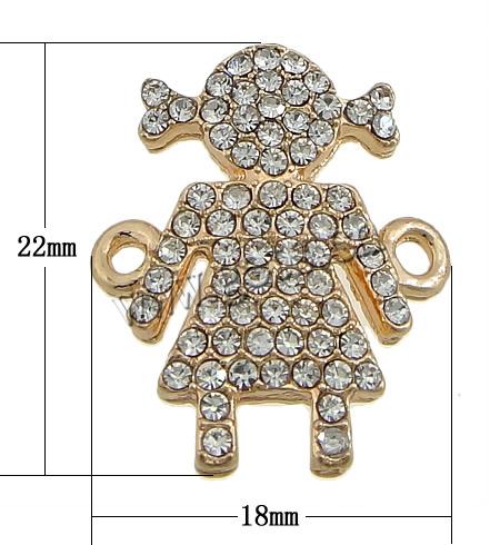 Rhinestone Zinc Alloy Connector, Girl, plated, Customized & with Czech rhinestone & 1/1 loop, more colors for choice, 18x22x3.2mm, Hole:Approx 1.8mm, Sold By PC