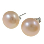 Freshwater Pearl Stud Earring, brass post pin, Dome, pink, 9-10mm 