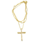 Brass Cubic Zirconia Necklace, Cross, real gold plated, oval chain & with cubic zirconia 1.5mm Approx 18 Inch 