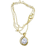 Латунь кубический цирконий ожерелье, Каплевидная форма, плакированный настоящим золотом, Овальный цепь & с кубическим цирконием & граненый 1.5mm, длина:Приблизительно 18 дюймовый, продается Strand