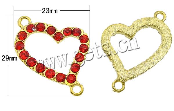 Rhinestone Zinc Alloy Connector, Heart, plated, Customized & with rhinestone & 1/1 loop, more colors for choice, 23x29x3mm, Hole:Approx 2mm, Sold By PC