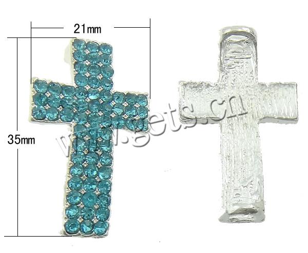 Rhinestone Zinc Alloy Connector, Cross, plated, with rhinestone & 1/1 loop, more colors for choice, 21x35x3mm, Hole:Approx 4mm, Sold By PC