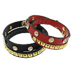 Cowhide Bracelets, with Zinc Alloy, iron snap clasp, gold color plated, with rhinestone 10mm  Approx 15.5 Inch 
