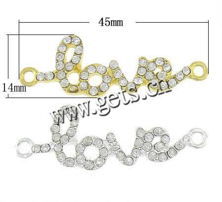 Letter Zinc Alloy Connector, word love, plated, Customized & with rhinestone & 1/1 loop, more colors for choice, 45x14x2.8mm, Hole:Approx 2.2mm, Sold By PC