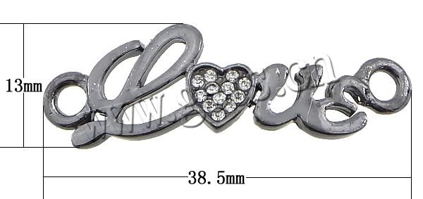 Letter Zinc Alloy Connector, word love, plated, with rhinestone & 1/1 loop, more colors for choice, cadmium free, 38.5x13x2mm, Hole:Approx 3.3mm, Sold By PC