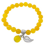 Dyed Marble Bead Bracelet, with Elastic Thread & Zinc Alloy, Leaf, antique silver color plated, charm bracelet, yellow, 8mm Approx 7 Inch 