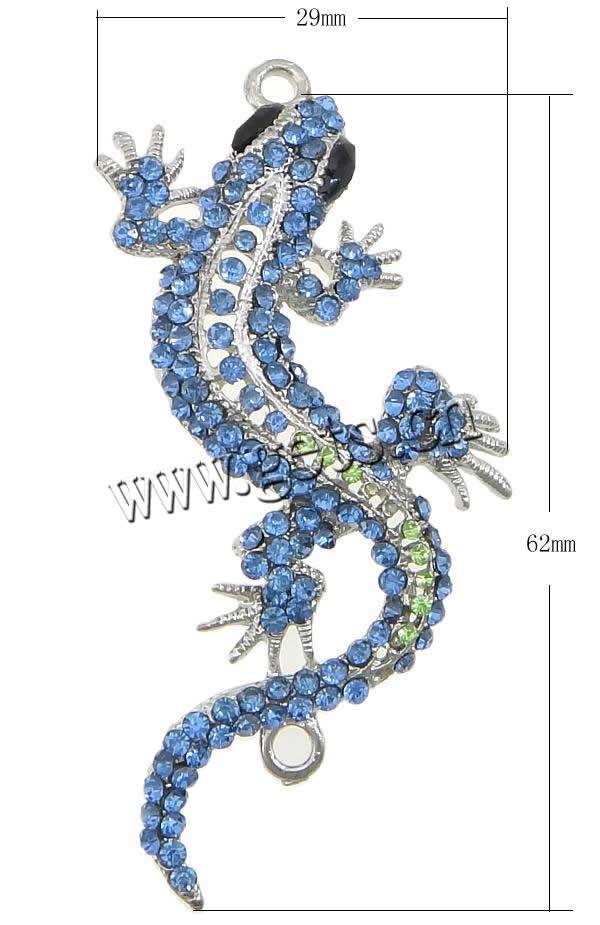 Rheinkiesel Zinklegierung Verbinder, Gecko, plattiert, Kundenindividuell & mit Strass & 1/1-Schleife, keine, 29x62x3.5mm, Bohrung:ca. 2.5mm, verkauft von PC