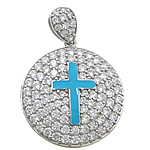 Cubic Zirconia Sterling Silver Pendants, 925 Sterling Silver, Flat Round, plated, with cross pattern & enamel & with cubic zirconia Approx 