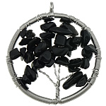 Agate Brass Pendants, with Black Agate, Flat Round, platinum color plated Approx 5mm 
