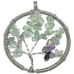 Mixed Gemstone Pendants, Natural Fluorite, with brass wire, Flat Round, platinum color plated Approx 6mm 