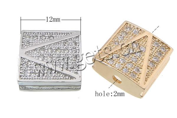Cubic Zirconia Micro Pave Brass Beads, Square, plated, micro pave cubic zirconia, more colors for choice, 12x12x5mm, Hole:Approx 2mm, Sold By PC