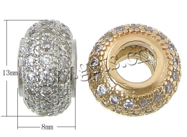 Cubic Zirconia Micro Pave Brass Beads, Rondelle, plated, micro pave cubic zirconia & large hole, more colors for choice, 8x13mm, Hole:Approx 6mm, Sold By PC