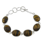 Tiger Eye Stone Bracelets, brass toggle clasp, platinum color plated Approx 9 Inch 