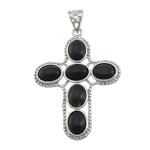Agate Brass Pendants, with Black Agate, Cross, platinum color plated Approx 