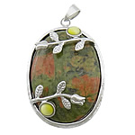 Unakite Pendants, with Cats Eye & Brass, Oval, platinum color plated Approx 