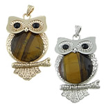 Tiger Eye Pendants, with Brass, Owl, plated, with rhinestone Approx 
