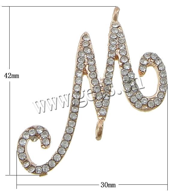 Letter Zinc Alloy Connector, Letter M, plated, Customized & with rhinestone & 1/1 loop, more colors for choice, 30x42x2.5mm, Hole:Approx 2mm, Sold By PC