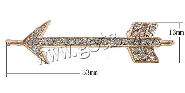 Rheinkiesel Zinklegierung Verbinder, Pfeil, plattiert, Kundenindividuell & mit Strass & 1/1-Schleife, keine, 53x13x3.5mm, Bohrung:ca. 3mm, verkauft von PC