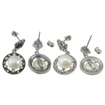 Freshwater Pearl Drop Earring, stainless steel post pin, Flat Round, with cubic zirconia 