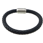 Cowhide Bracelets, stainless steel magnetic clasp, woven, black Approx 9 Inch 