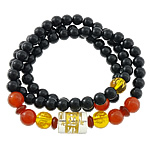 Wrist Mala, Black Agate, with Elastic Thread & Red Agate & Crystal, gold color plated  & gold powder, 6mm, 8mm Approx 20 Inch 