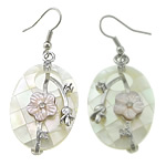 White Shell Earrings, Brass, with Pink Shell & White Shell, Flat Oval, platinum color plated, mosaic & with flower pattern, 55mm 