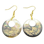 Black Shell Earring, with Brass, Flat Round, gold color plated, with flower pattern & gold accent, 55mm 