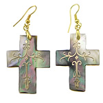Black Shell Earring, with Brass, Cross, gold color plated, with flower pattern & gold accent, 56mm 