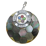 Black Shell Pendant, Brass, with Black Shell & Glass, Flat Round, platinum color plated, mosaic & with rhinestone Approx 