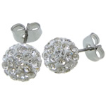 Stainless Steel Stud Earring, with Rhinestone Clay Pave Bead, Round, with 42 pcs rhinestone, original color 