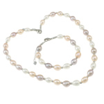 Natural Freshwater Pearl Jewelry Sets, bracelet & necklace, with Copper Coated Plastic, brass lobster clasp, with 5cm extender chain, multi-colored, 8-9mm Approx 15.5 Inch, Approx 6 Inch 