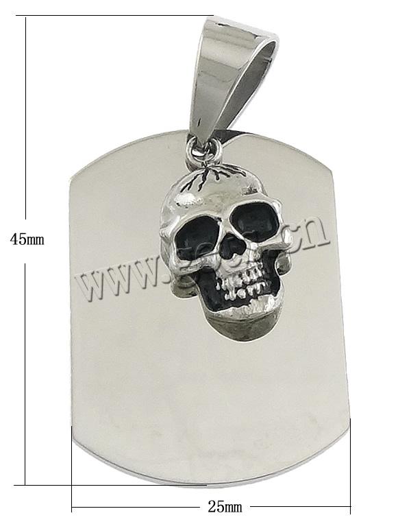 Stainless Steel Skull Pendant, 304 Stainless Steel, Rectangle, with skull pattern & Customized & blacken, original color, 25x45x6mm, Hole:Approx 7x11mm, Sold By PC