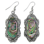 Abalone Shell Earring, with Brass, Flat Oval, antique silver color plated, with rhinestone 53mm 